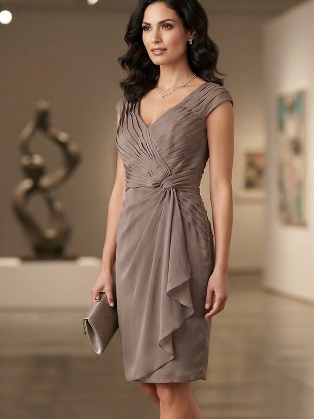 Liliana Taupe Dusty Rose Pleated Sheath Draped Cocktail Dress Wedding Event Gala